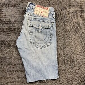 True Religion Billy Big T Cutoff Denim Shorts Men's 32x13 Distressed Light Wash